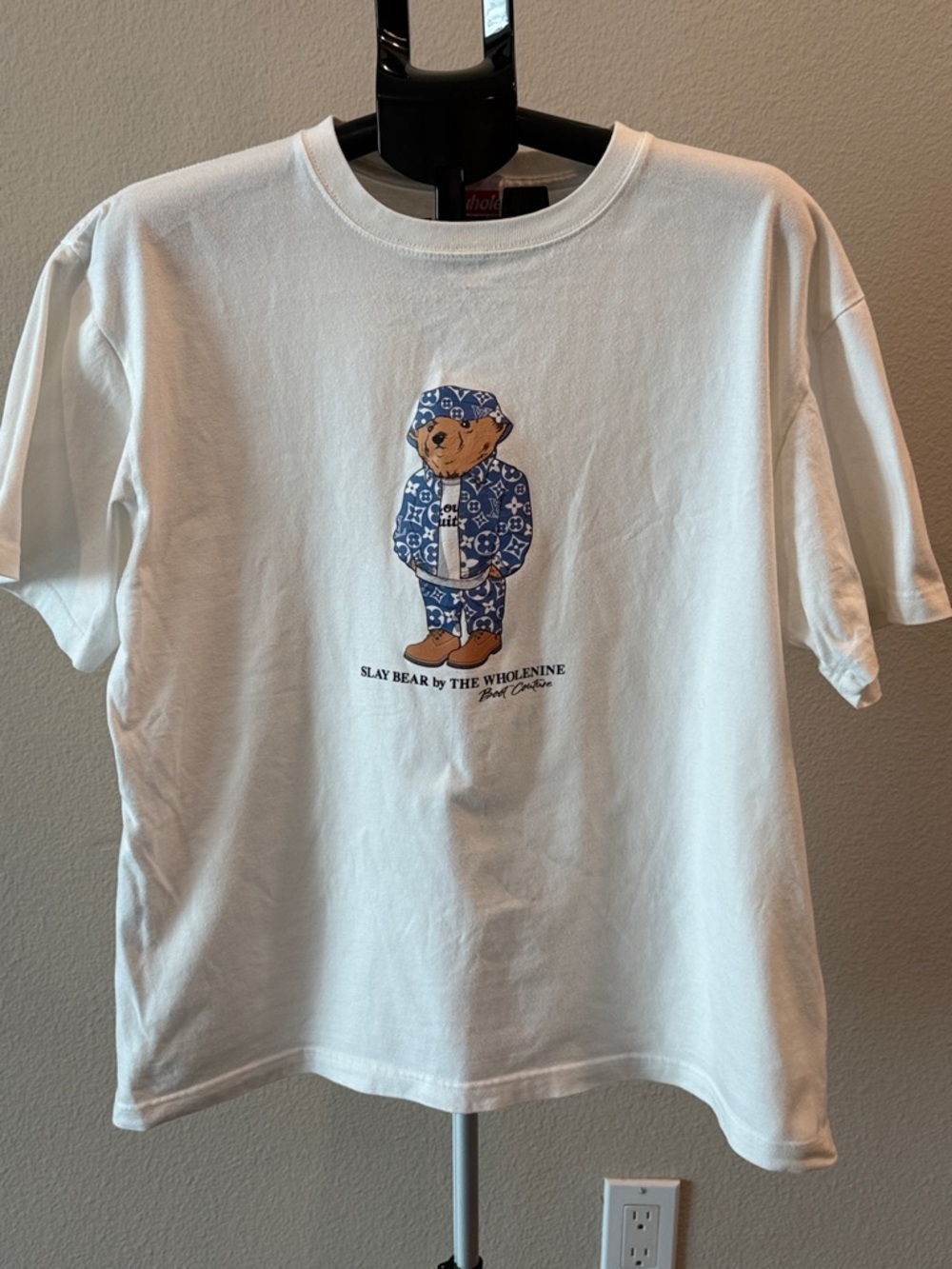 White Short-Sleeve Tee with Blue Bear Motif